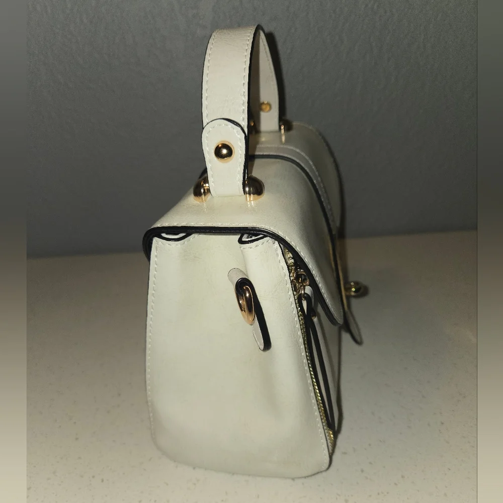 White Top-Handle Crossbody Bag with Gold Hardware - Picture 6 of 11